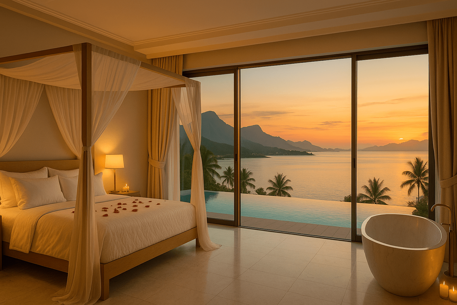 Luxurious honeymoon suite with a stunning view.